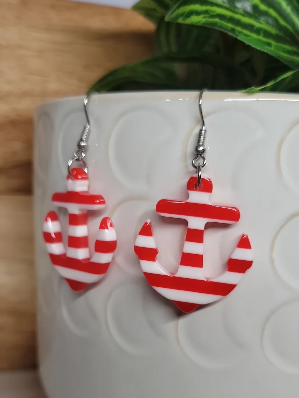 Red and White Striped Anchor Dangle Earrings